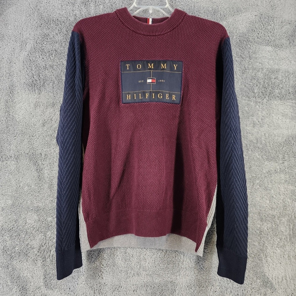 Tommy Hilfiger Sweater Men‎ XL Colorblock Mixed Texture Chest Patch Logo Preppy